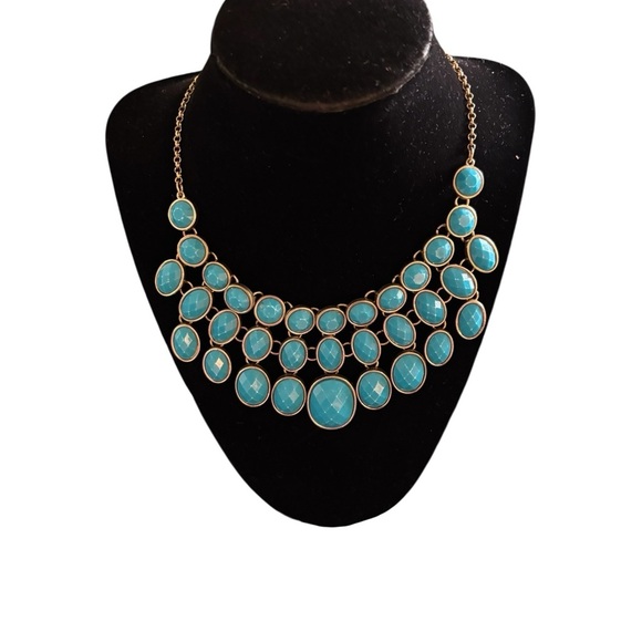 VTG 80’s Faux Turquoise Triple Layer Faux Oval Choker Necklace Bronze Chain 20” - Picture 3 of 3